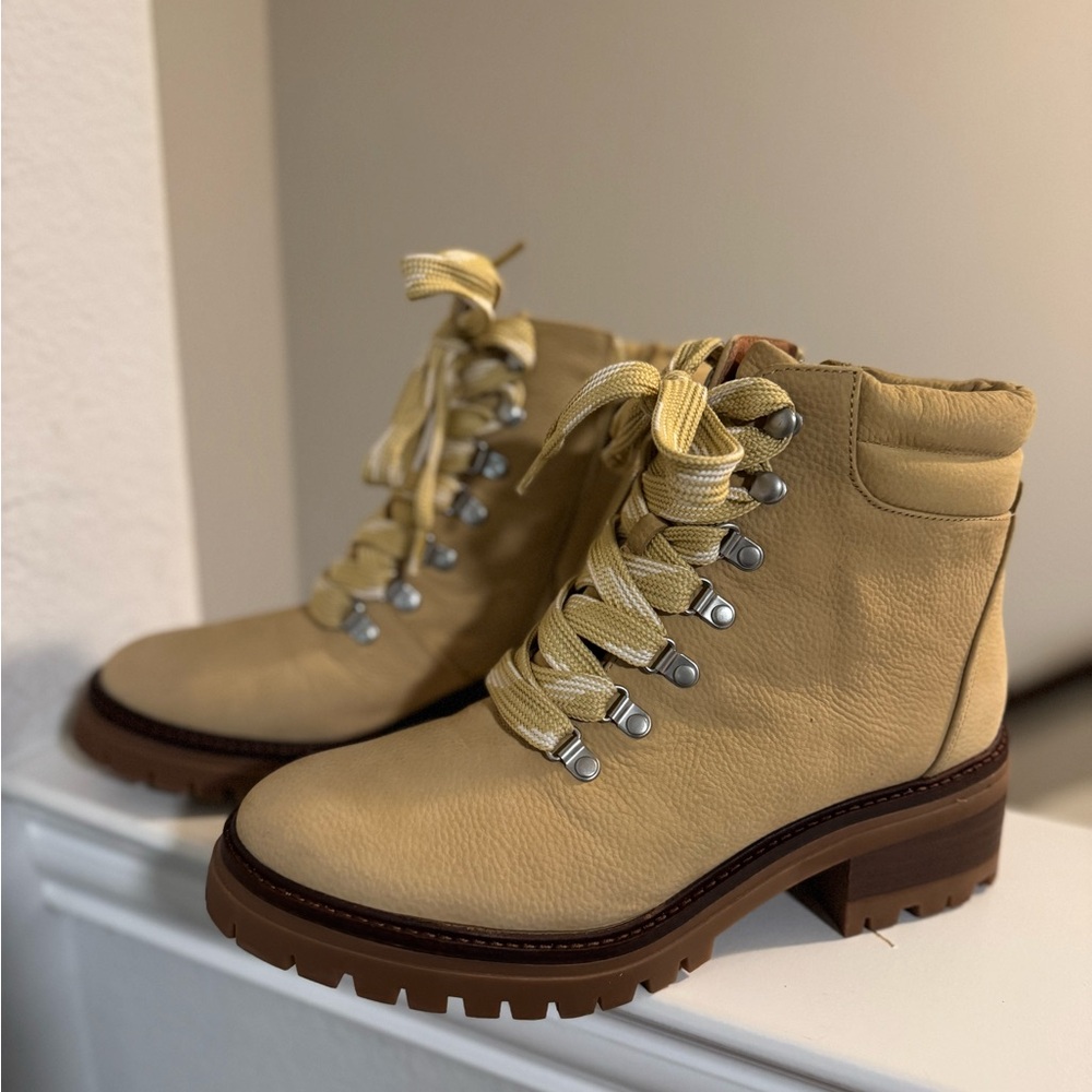 gentle souls Beige Lace-Up Lug Sole Ankle Boots
